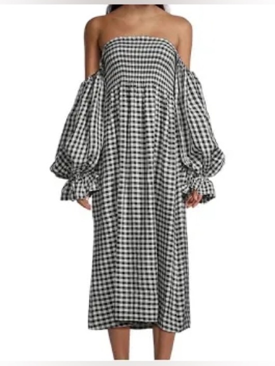 SLEEPER /Atlanta Smocked Gingham Midi Dress Puff Sleeves - Sz L - NWT - Picture 5 of 13